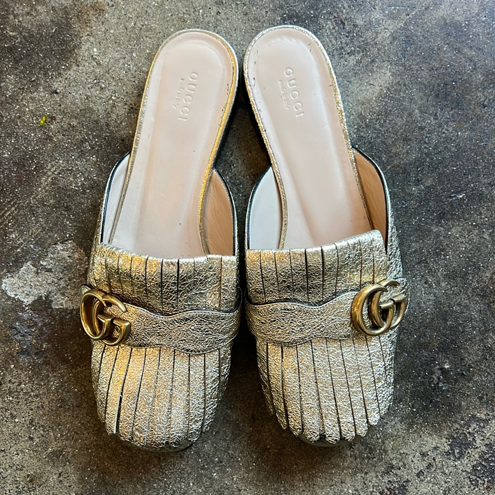 Gucci golden metallic Fringe slide on loafer mules - Picture 1 of 11